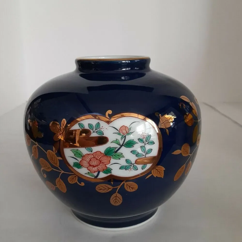 Potiche a' Fleur Cobalt Blue Hand Painted & Gold Leaf Vase,Porcelain, Signed